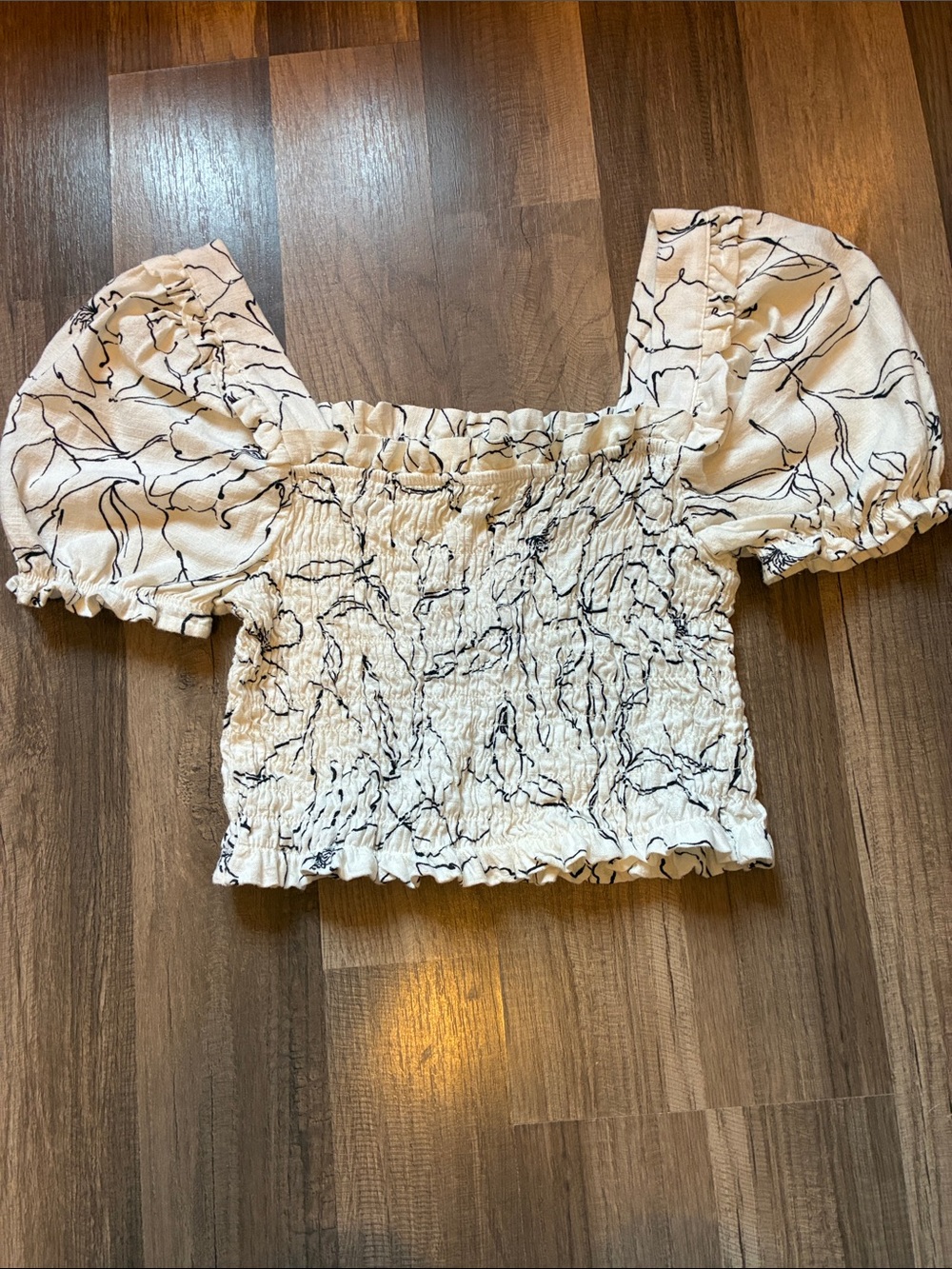 BOGO FREE- Monteau-Cream Smocked Off-Shoulder-Linen Blend- Crop Top/Size Medium
